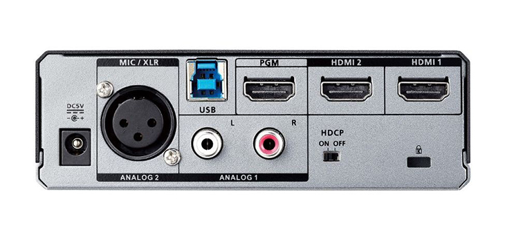 שני מקורות וידאו ב-HDMI, מקור אודיו אנלוגי ב- RCA, ומיקרופון ב- XLR