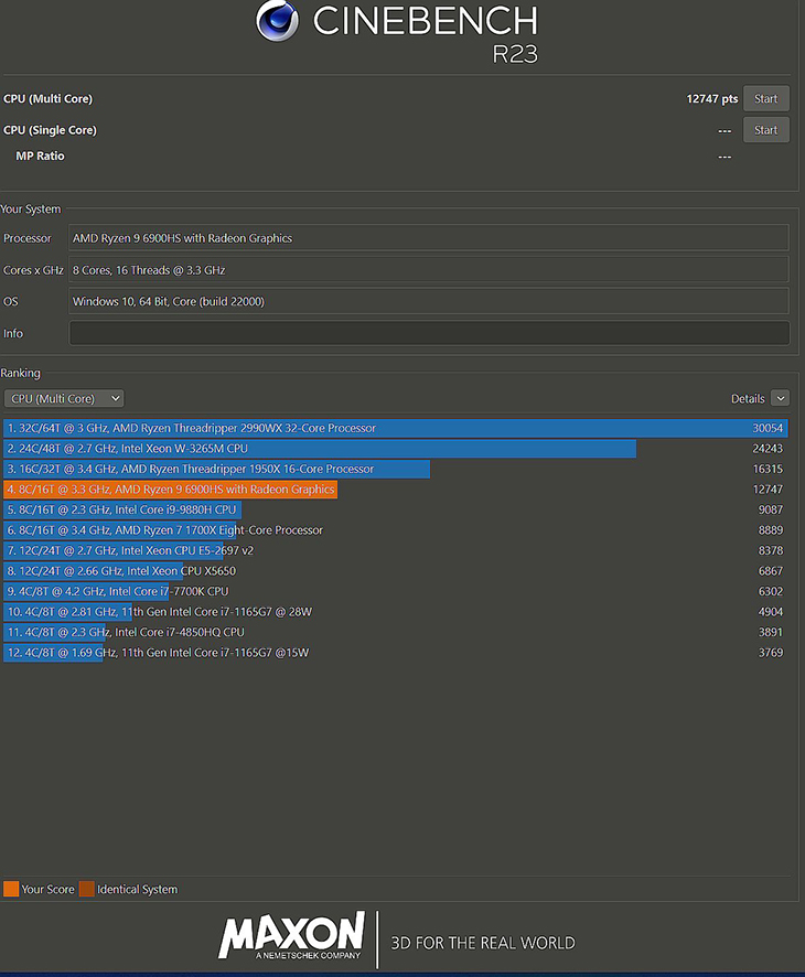 תוצאות ביצועים באפליקציית CineBench