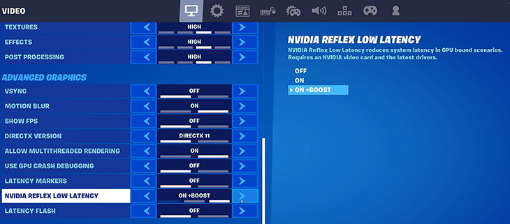 הפעלת מצב Reflex Low Latency במשחק Fortnite